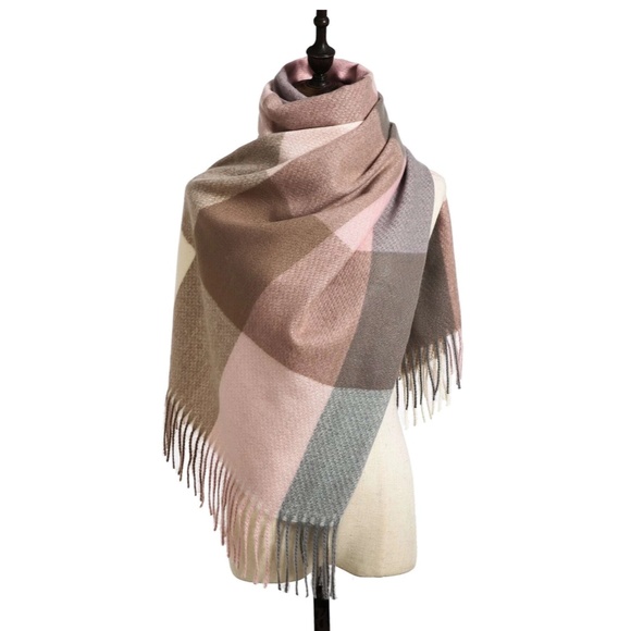 Colorblock Plaid Pastel Colors Wide Scarf Shawl Pink Beige Tan Cream Fringe - Picture 4 of 6